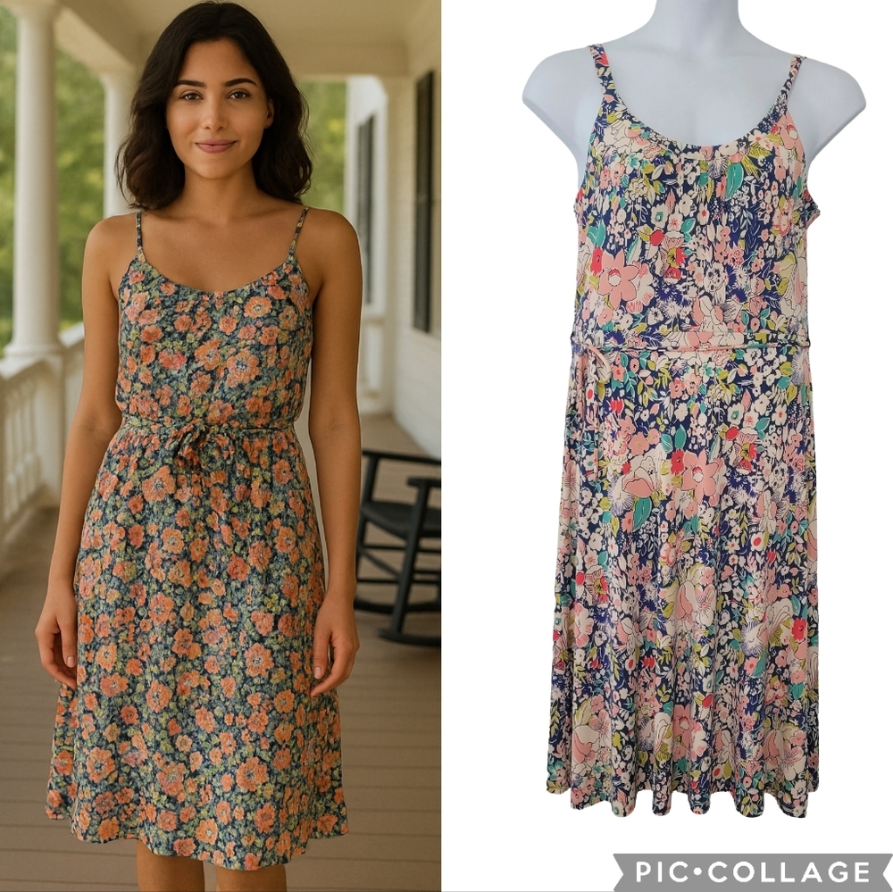 King Louie Floral Print Dress Size L Colorful Jersey Knit Shift Spaghetti Strap